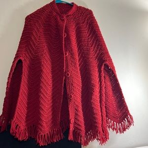 Handcrafted Vintage Woman's Red Crochet Button Up Cape (measurements in desc)